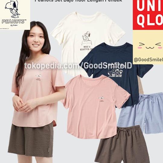Uniqlo Set Baju Tidur Peanuts Setelan Kaos Celana Piyama Pendek Wanita Medanbaiak.Store