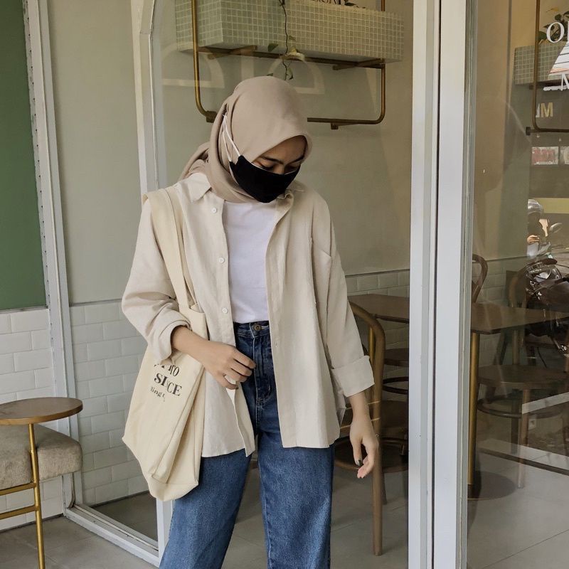 BAJU KEMEJA WANITA LINEN OVERSIZE PREMIUM WARNA CREAM