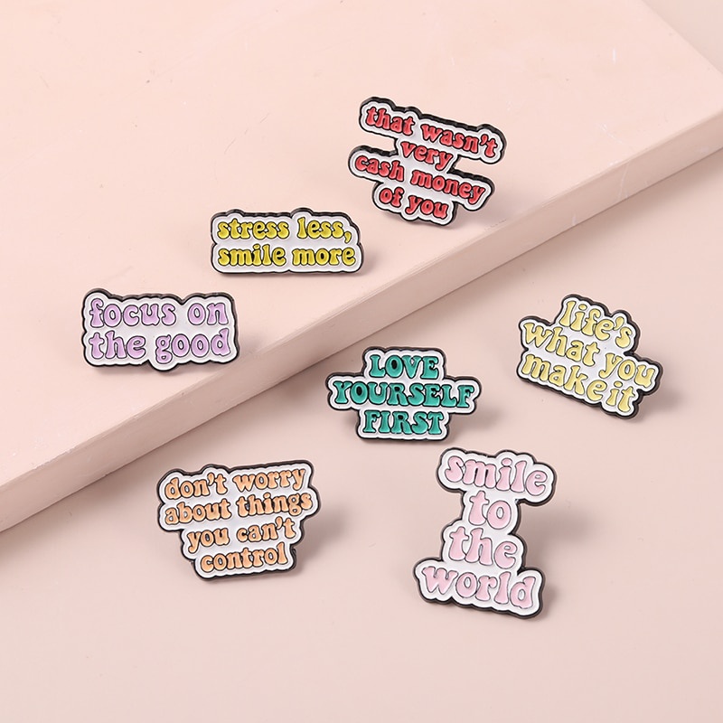 Funny Quote Enamel Pin Smile to the World Geometry Brooches Backpack Clothes Lapel Pins Metal Badge Jewery Gift for Friends