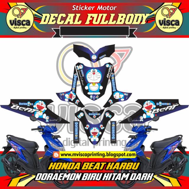 Stiker full body motor beat decal stiker beat stripping motor beat karbu DORAEMON BIRU HITAM DARK