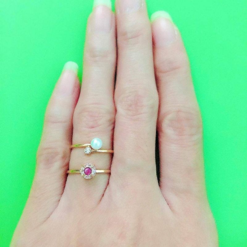 Cincin pearly mutiara dan batu warna berat ringan di bawah 1gram kadar 8K 375 UBS YT