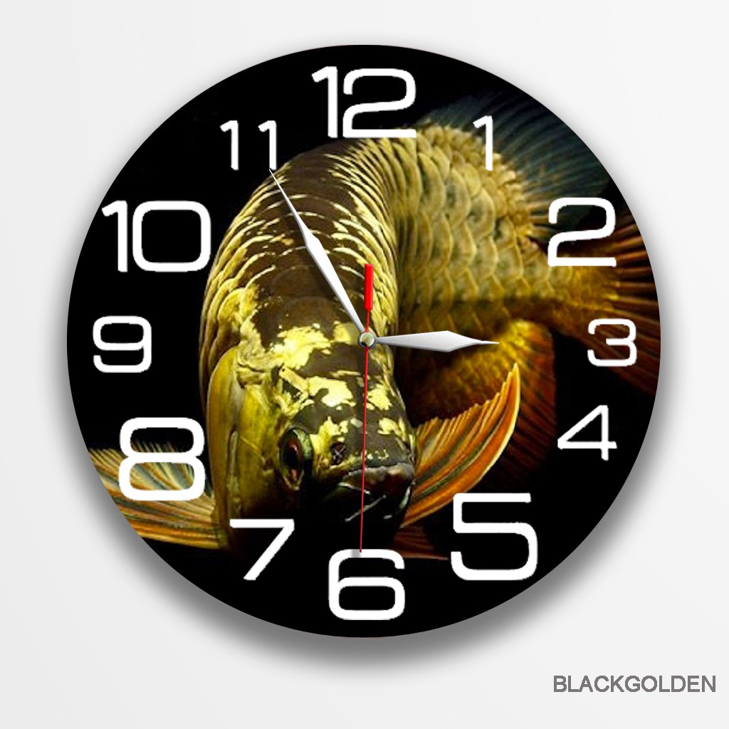 JAM DINDING KAYU KARAKTER IKAN ARWANA CROSS BLACK GOLDEN