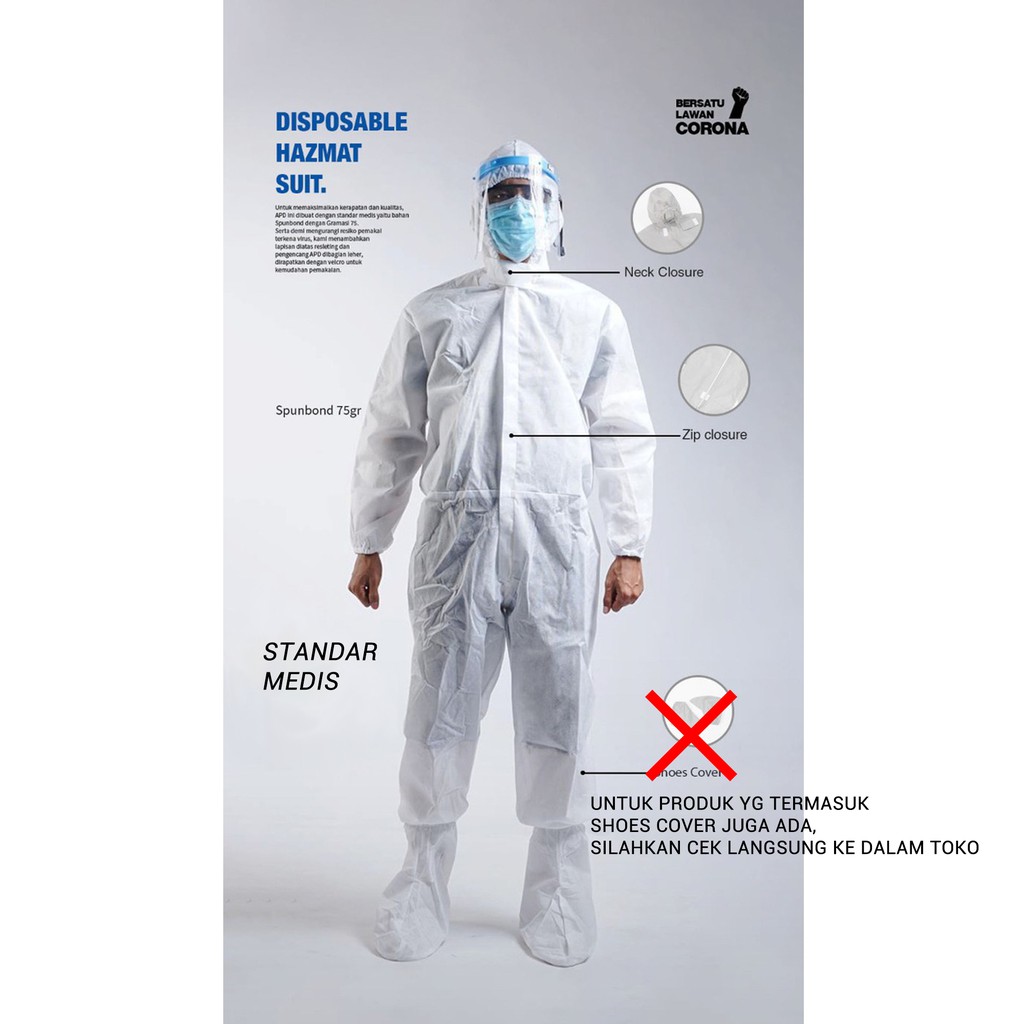 HAZMAT SUIT APD WARNA PUTIH ANTI CORONA (TANPA SHOE COVER) / DISPOSABLE BAJU HAZMAT SUIT APD HASMAT 