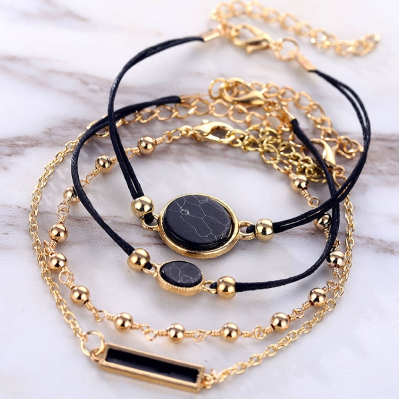 [4 Pcs] Sederhana Hitam Bohemian Persegi Lingkaran Geometri Rantai Gelang Set Hadiah Elegan