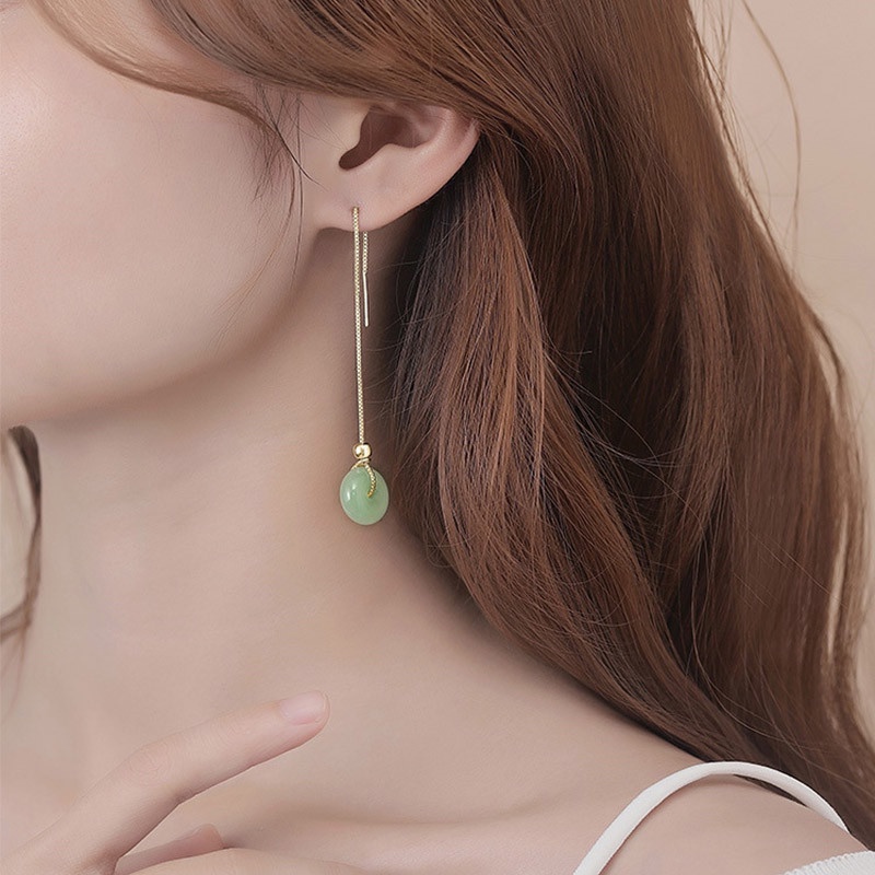 Anting Gantung Batu Giok Hetian Natural Untuk Wanita ACKER