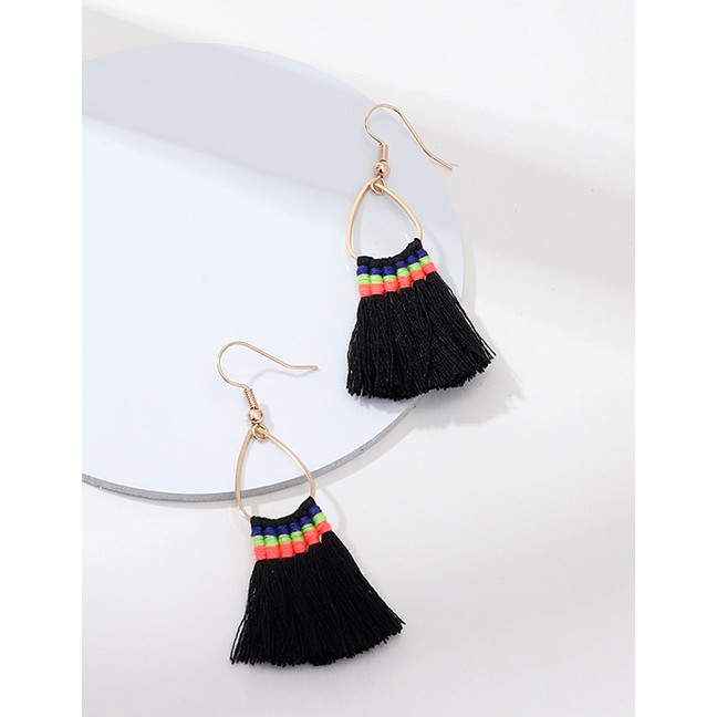 LRC Anting Gantung Fashion Black Fan-shaped Tassel Earrings F40692