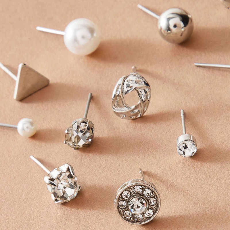 12 Pasang / Set Anting Stud Kristal Bentuk Hati Bunga Aksen Mutiara Untuk Wanita