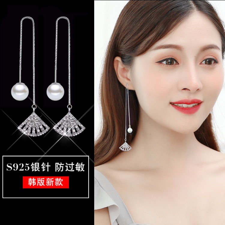 Sterling silver jarum Korea halus panjang anting-anting berbentuk kipas wanita rumbai anting-anting