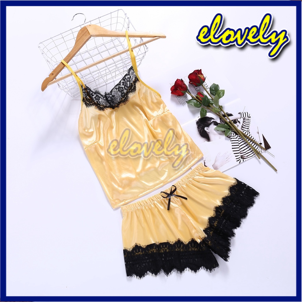 Elovely Lingerie Sexy Hot Pakaian Dalam Wanita Set Lingerie Celana Renda Seksi + Tank Top Set Baju Tidur Malam | L021-yellow