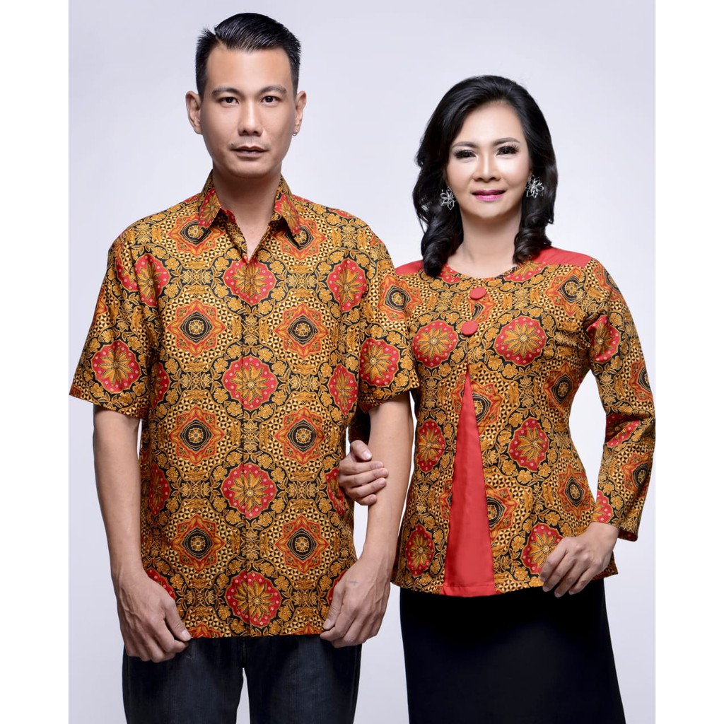 BAJU ATASAN BLUS WANITA KEMEJA PRIA LENGAN PENDEK COUPLE SARIMBIT JUMBO BATIK BLUS MAWAR MERAH