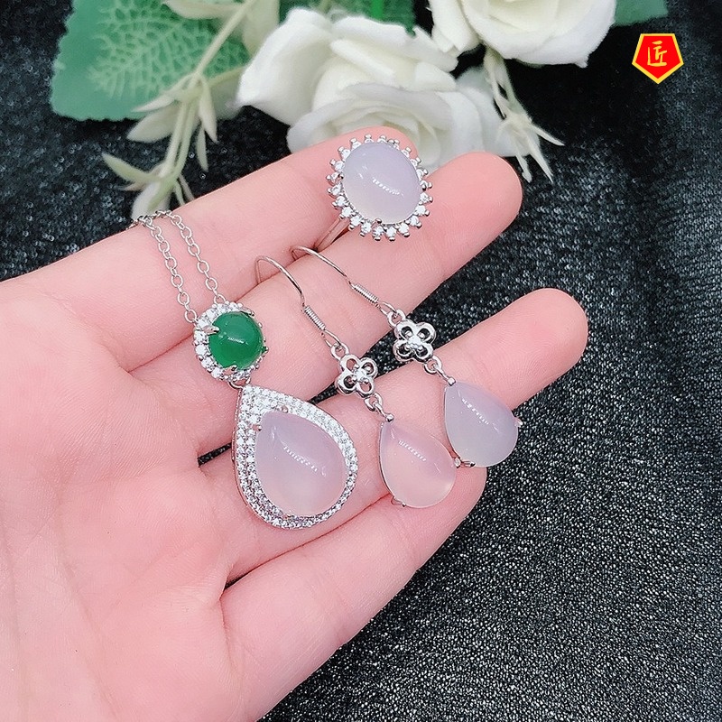 [Ready Stock]Inlaid Natural White Chalcedony Necklace Earrings Open Ring