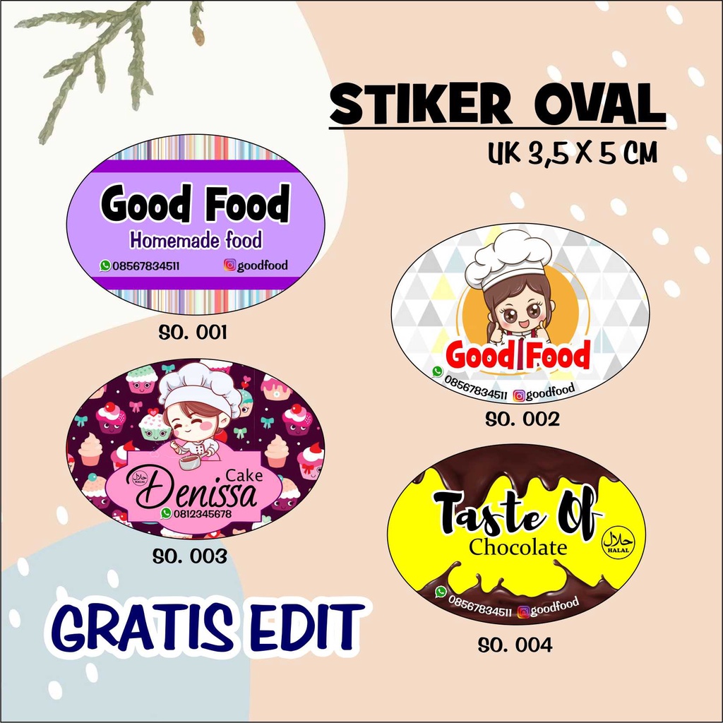 

STIKER KEMASAN LABEL PRODUK SNACK KUE MINUMAN BENTUK OVAL MURAH CUSTOM