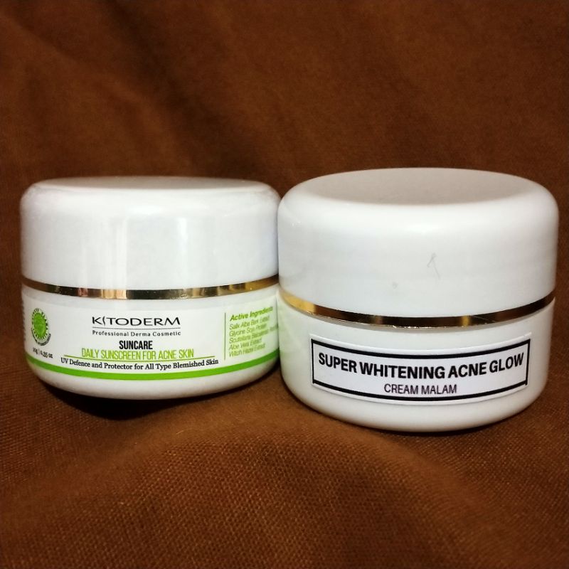 PAKET ACNE CREAM SIANG MALAM Sunscreen Kitoderm Acne Daily & Super Whitening Acne Glow