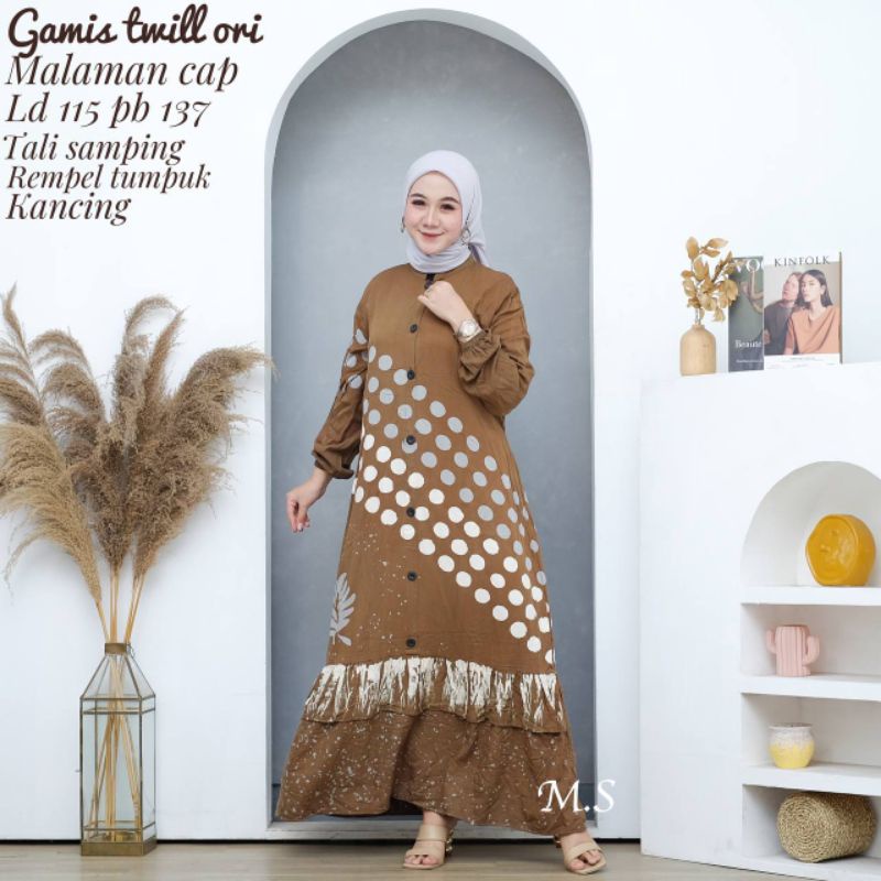 Gamis Twill Ori Gamis Batik Cap Malaman Karetan Model Rempel Bawah Susun Tumpuk Gamis Syar'i Pekalon