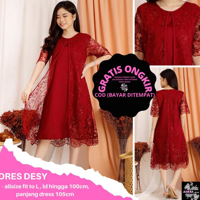 Dress Pesta DESY Tile Bordir Brukat Glitter Mutiara Tule Brokat Tulle - MAROON