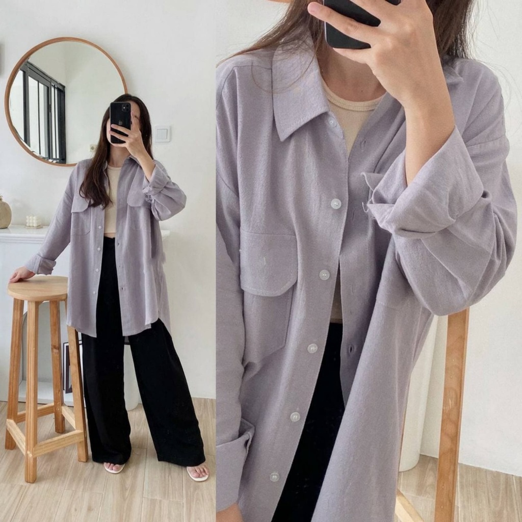 BEFAST - ZEC OOTD Wanita Kemeja PIKA / HIGH QUALITY Nindy Oversize Linen Pocket Shirt / Kemeja Oversize Wanita / OOTD Ala Style Korean Wanita / Kem Lengan Panjang / Fashion Wanita Casual / Kemeja Polos Terbaru