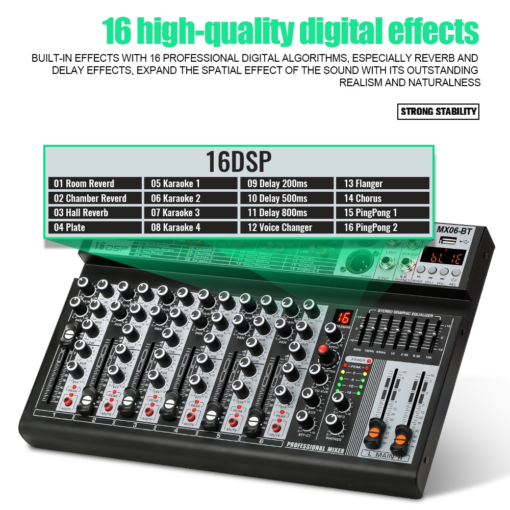 Konsol pencampuran profesional  MX06BT 6 saluran built-in EQ 16DSP Mode pemutaran Bluetooth/USB/PC/MP3 EQ/instrumen perekaman built-in, peralatan mixing, tur peralatan DJ langsung