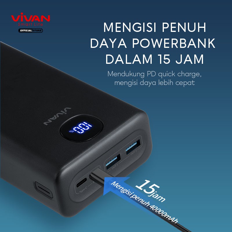 A_   VIVAN 40000mAh LED Power Bank VPB-B40 Power Delivery Quick Charge 3.0 Garansi resmi