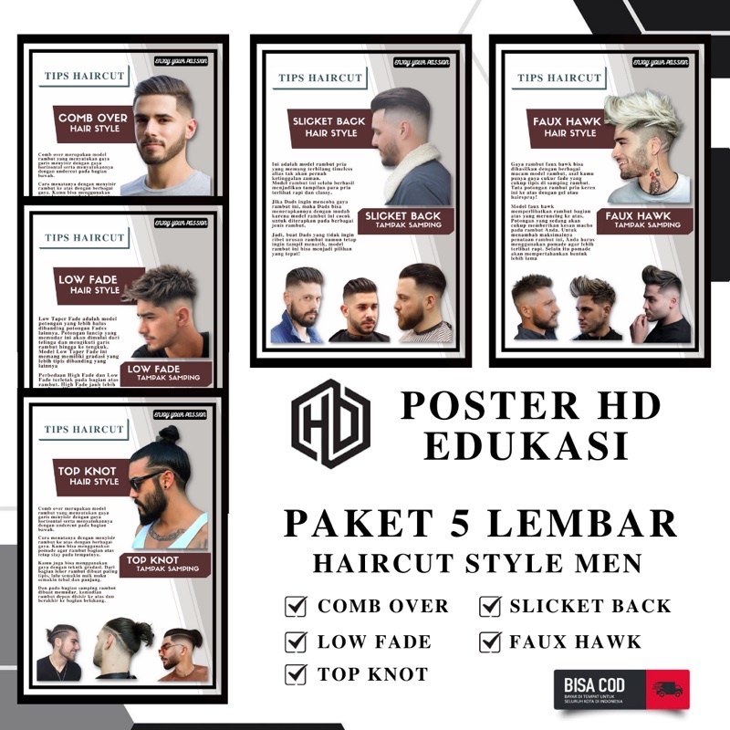 poster edukasi model pangkas rambut dan barbershop - hiasan dinding model rambut terbaru - poster ba