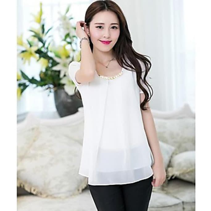 Blus Model Korea Variasi Kalung - Putih, M