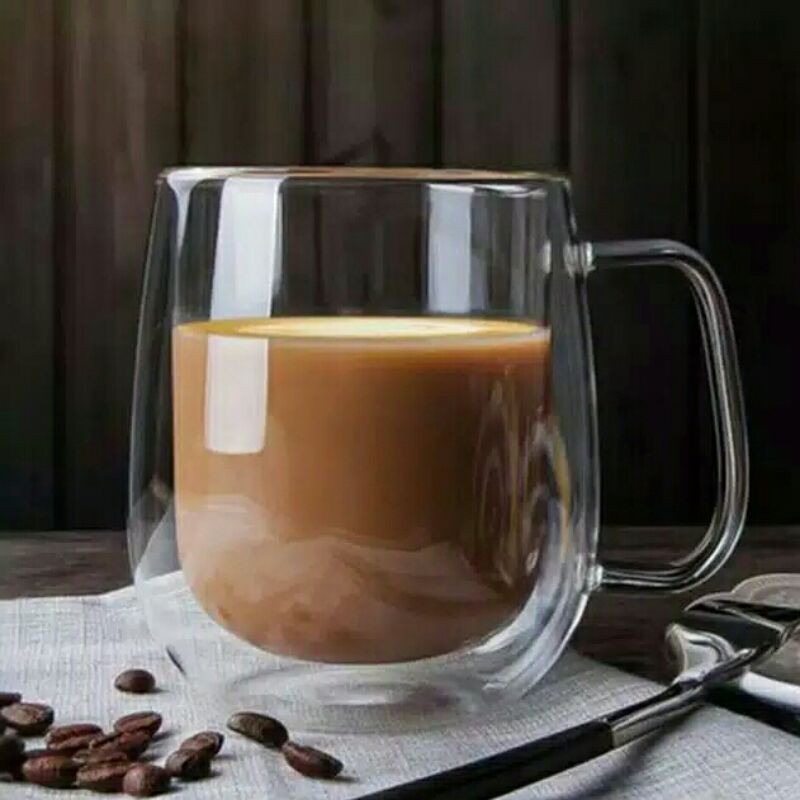 Gelas Double Wall Gagang | Gelas Dalgona | Gelas Kopi Teh Transparan | Mug Bening Kaca | Mug Unik