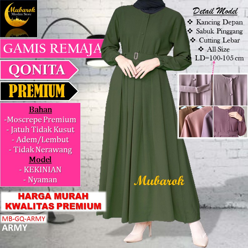 BAJU GAMIS DRESS REMAJA KEKINIAN TERBARU GAMIS DEWASA GAUL NYAMAN ADEM LEMBUT MOSCREPE - ARMY