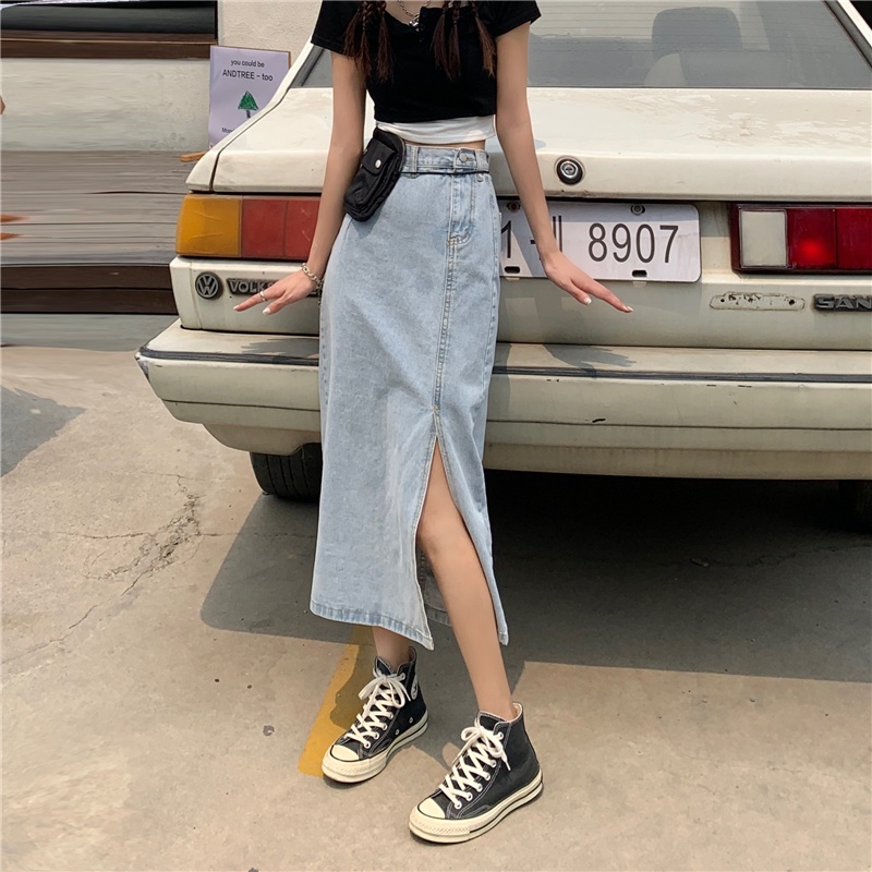 rok denim pinggang tinggi rok midi korea style high waist retro rok a-line