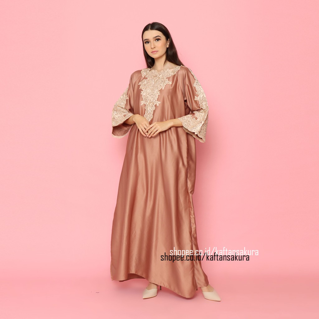 TERLARIS!! KAFTAN INARA BEST SELLER WARNA COKELAT COKSU HITAM PUTIH BAHAN SATIN BORDIR FULL untuk lebaran 2023