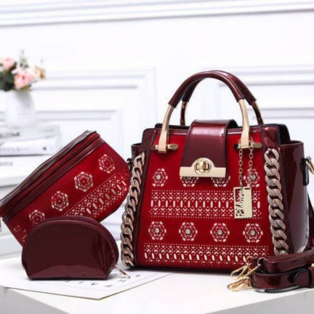 ELDORA set 3in1 8422 tas branded original beranak kulit glossy glitter