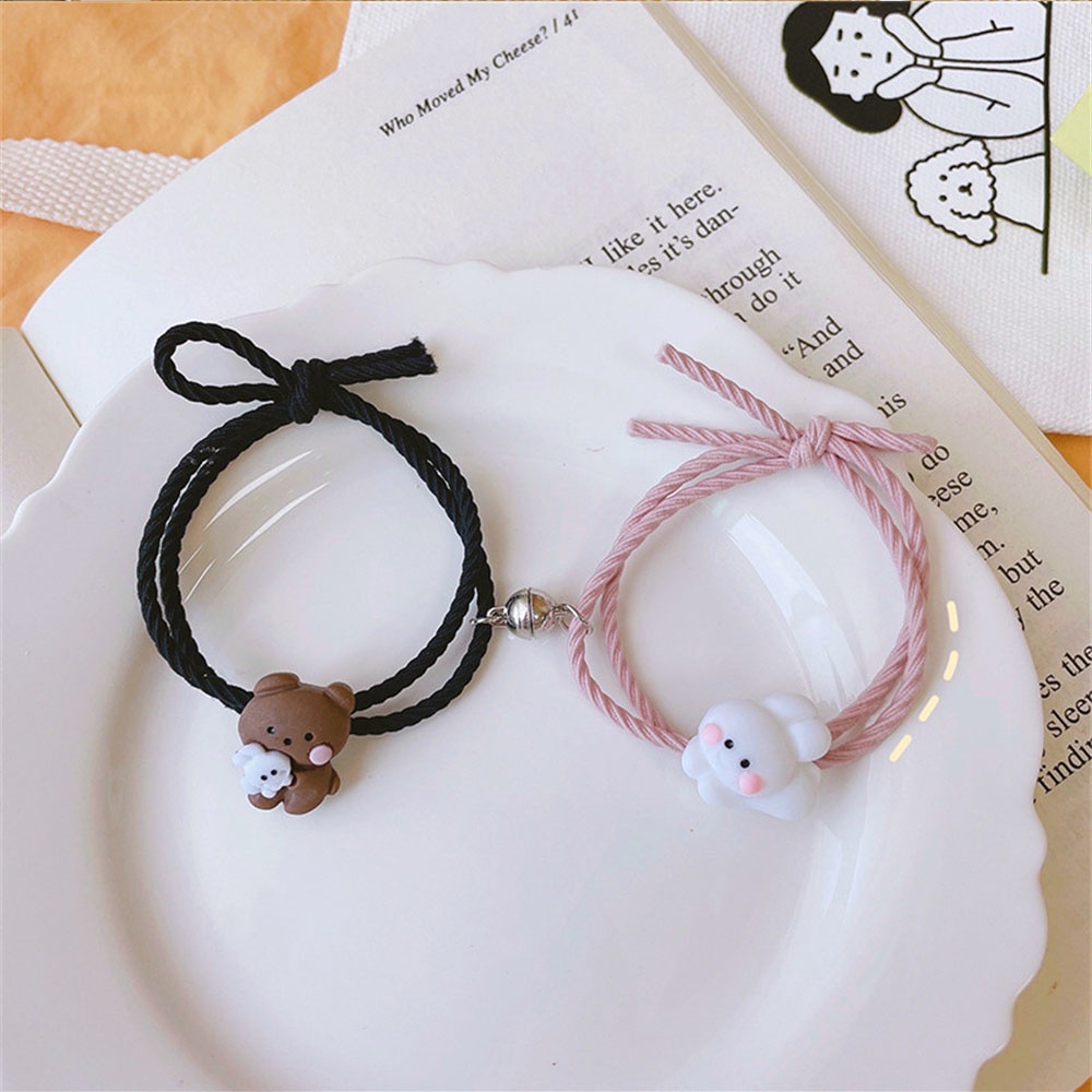 2Pcs Tiktok Lucu Beruang dan Kelinci Magnetik Pasangan Pacar Gelang Karet Gelang Wanita Pria