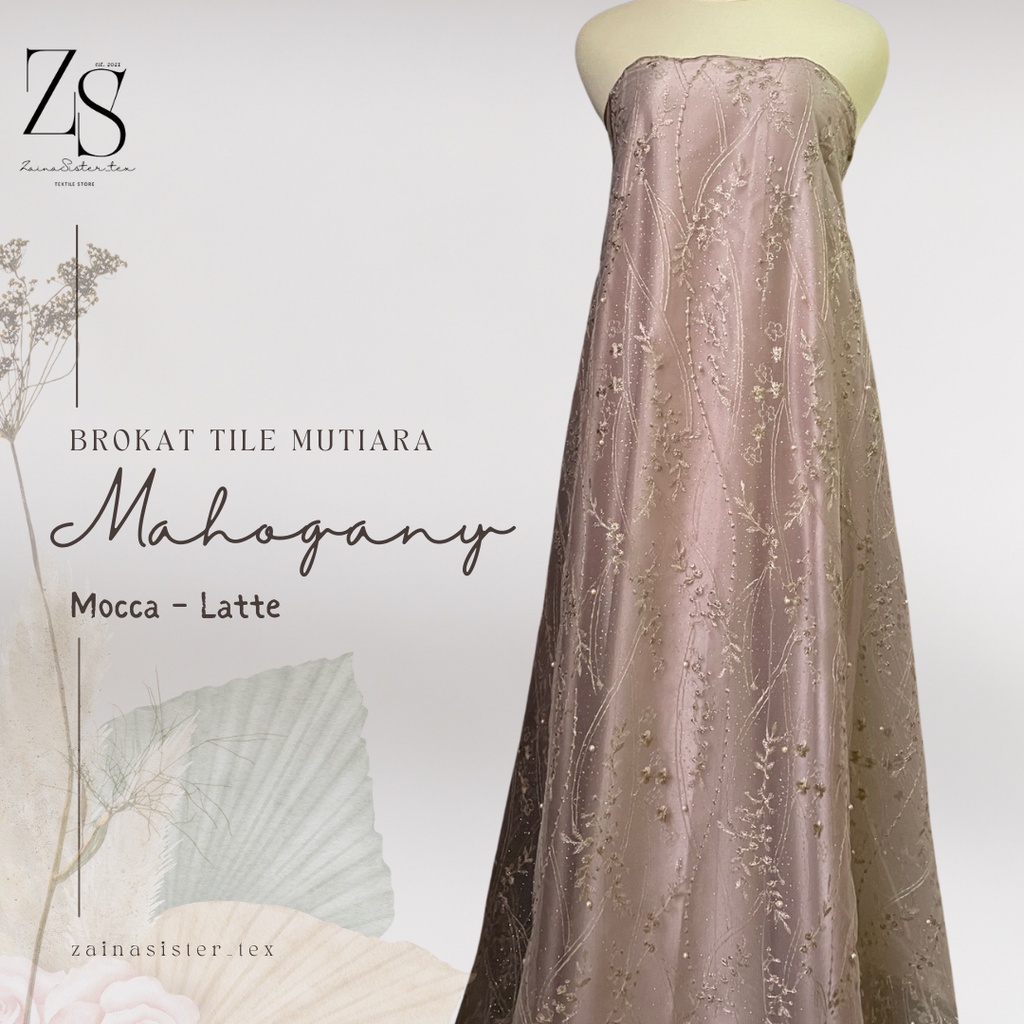 Bahan Kebaya Brukat Tile Mutiara Mahogany Warna Coklat Mocca Latte