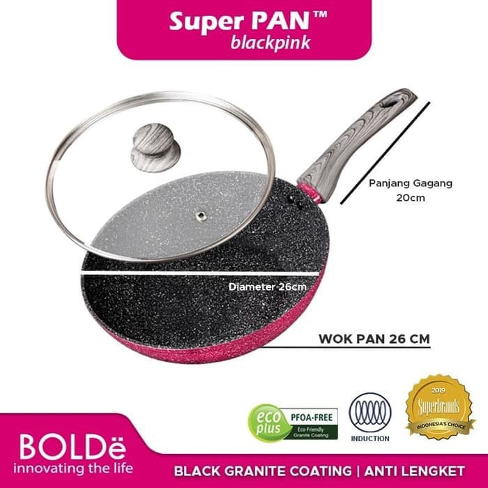BOLDE SUPER PAN WOK BLACKPINK WAJAN PANCI 26CM DENGAN TUTUP KACA GLASS LID - 26 CM BLACK PINK GRANIT