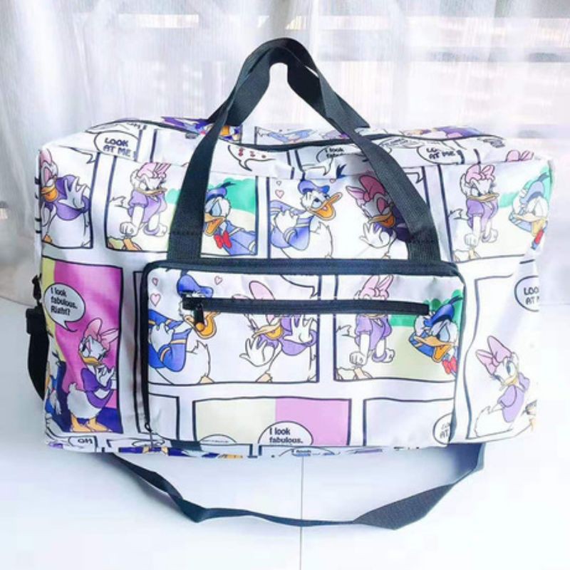 Travel bag tas lipat tas atas koper motif Mickey Stitch Donald Snoopy Sinchan