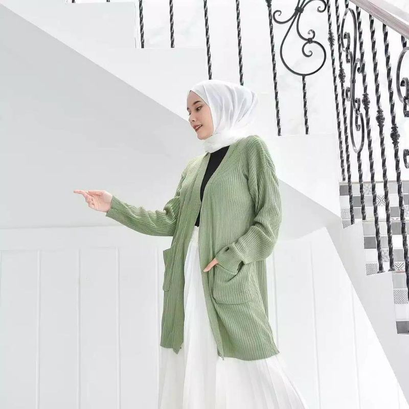 Cardigan panjang rajut dua saku all size-Hijau mint