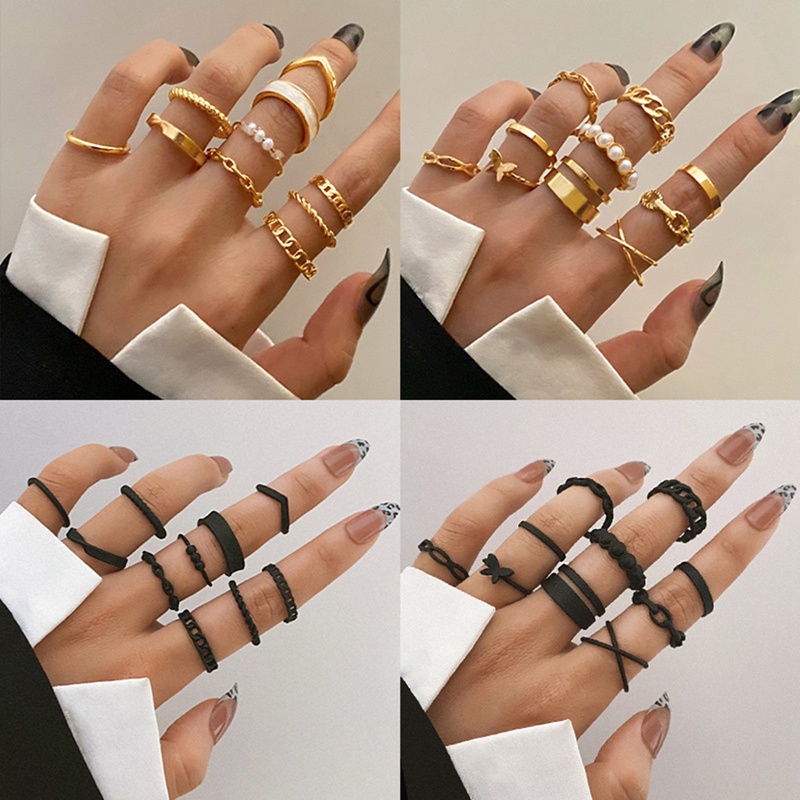 Set Cincin Jari Bentuk Kupu-Kupu Geometris Hollow Out Lebar Warna Emas Gaya Bohemian Vintage Untuk Wanita