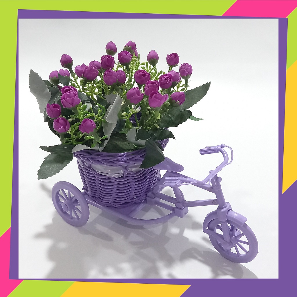 1011D1 / Pot bunga sepeda rotan warna plus bunga Artificial