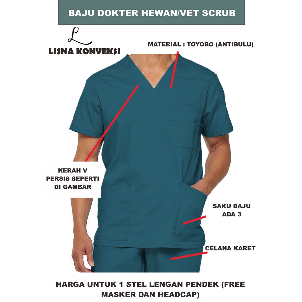 Baju Praktek Dokter Hewan/Vet Scrub 3 saku Lengan Pendek XS-XL