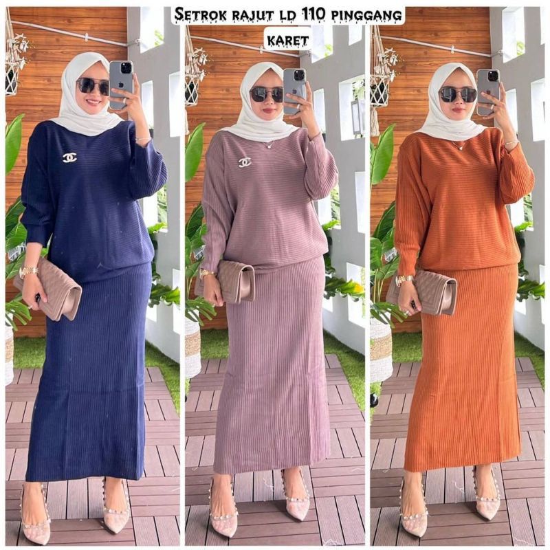 [STELAN] ONE SET RAJUT WANITA MUSLIM/STELAN ROK SPANT RAJUT+BLOUSE BATWING RAJUT