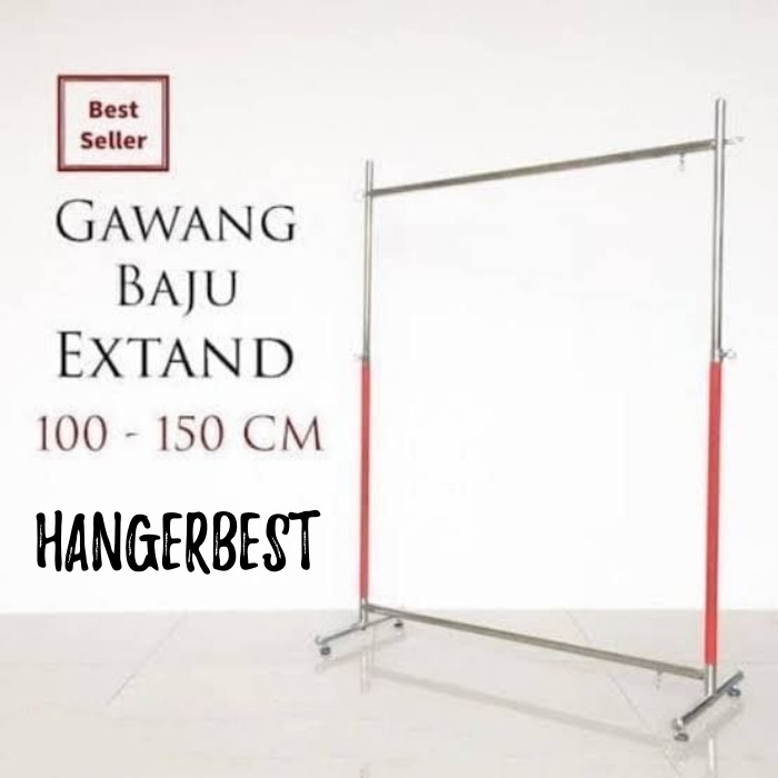 Hanger Gawang Baju Tarik Tengah Pipa Bulat Bahan Besi Chrome (Lebar +/- 150 cm x Tinggi 150cm)