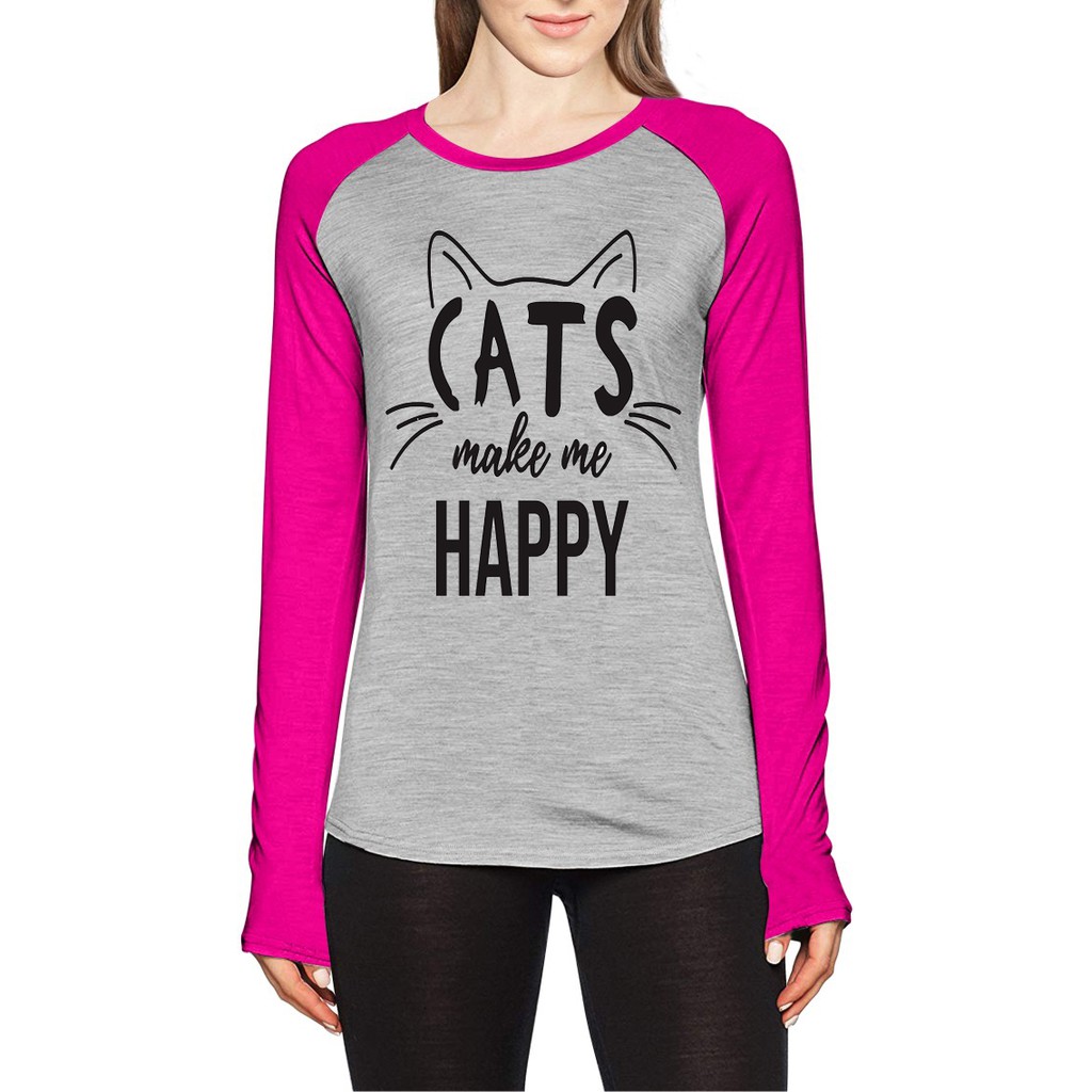 Kaos Raglan Gambar Happy Cat | Lengan Panjang | Ukuran M - L - XL -XXL