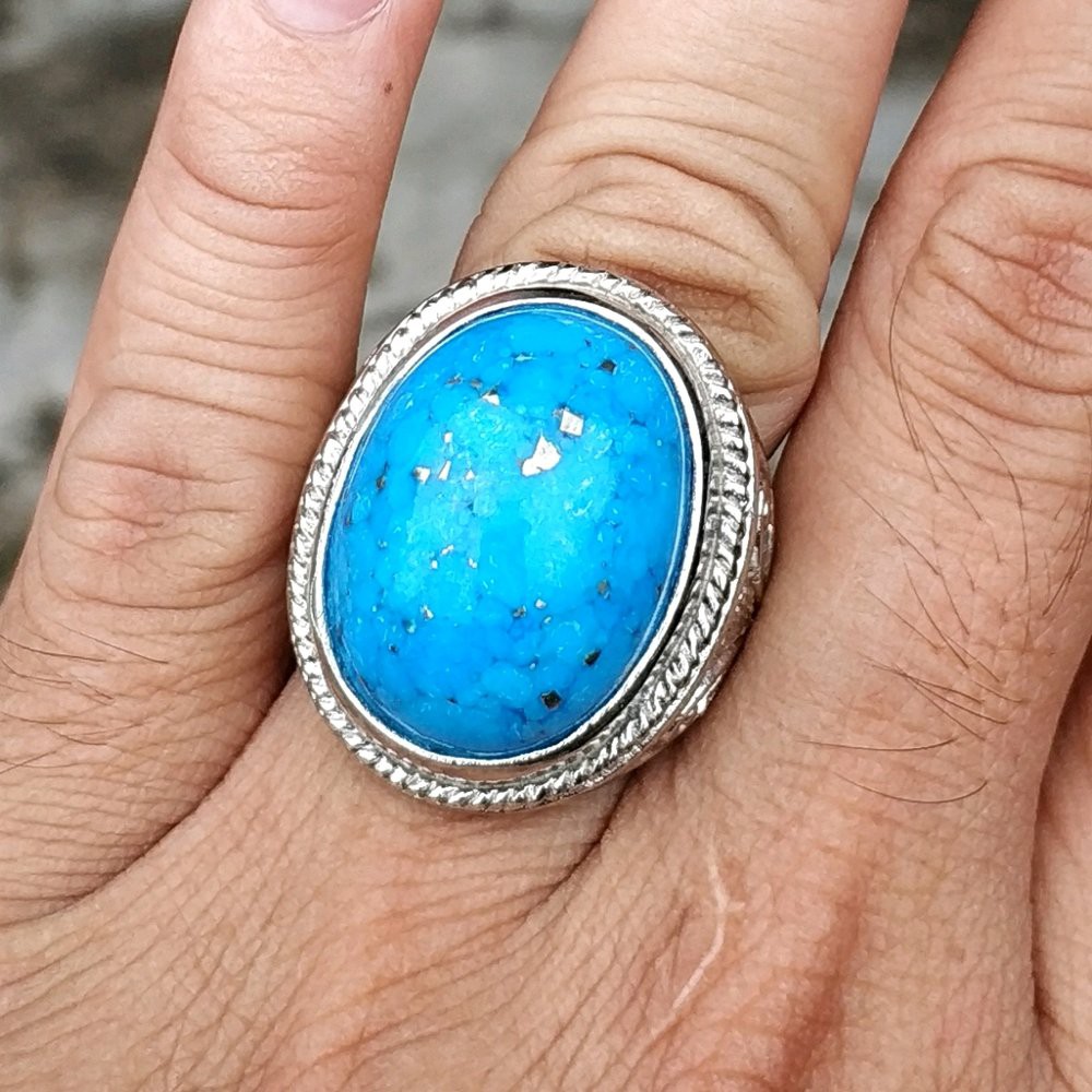 NATURAL CINCIN BATU AKIK PIRUS BIRU XIN JIANG TURQUOISE SERAT EMAS