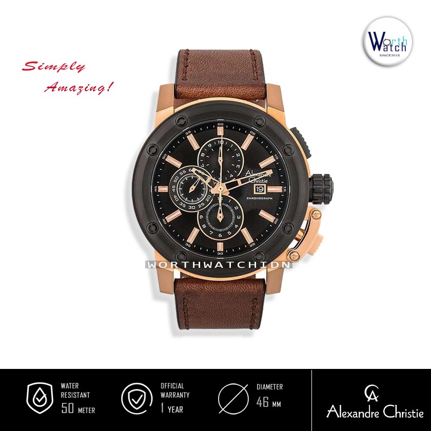 Jam Tangan Pria Alexandre Christie Chronograph Black Dial Leather Original AC6519 AC 6519