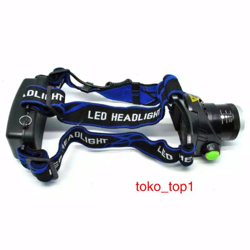 senter kepala T6 led ZOOM  2baterai hight power headlamp hitam