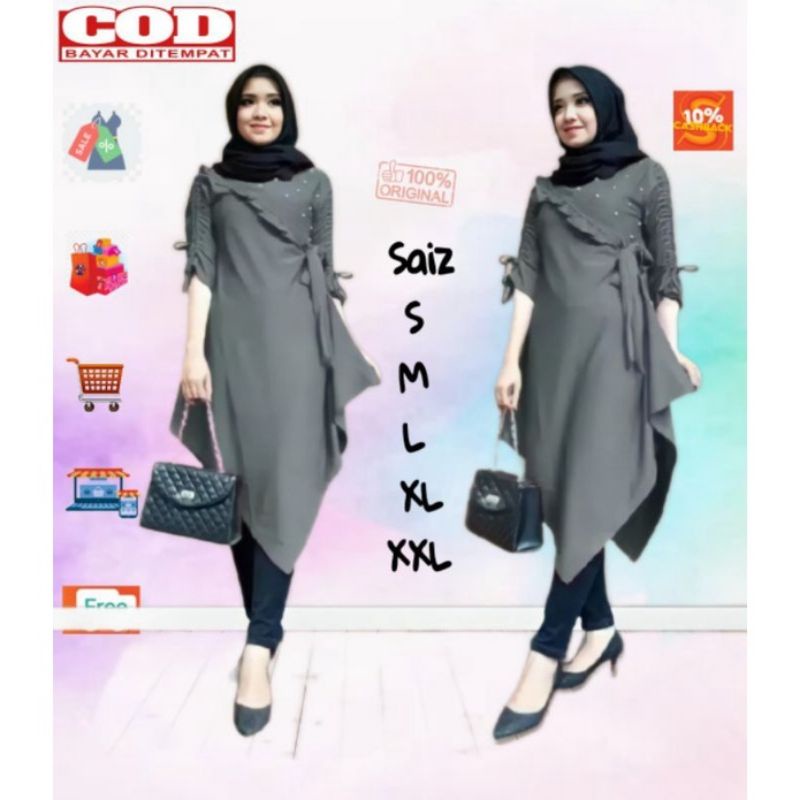 Tunik Atasan Wanita Muslim Terbaru 2022 Kekinian Lengan Panjang Kualitas Premium Warna Ping Pink Hit