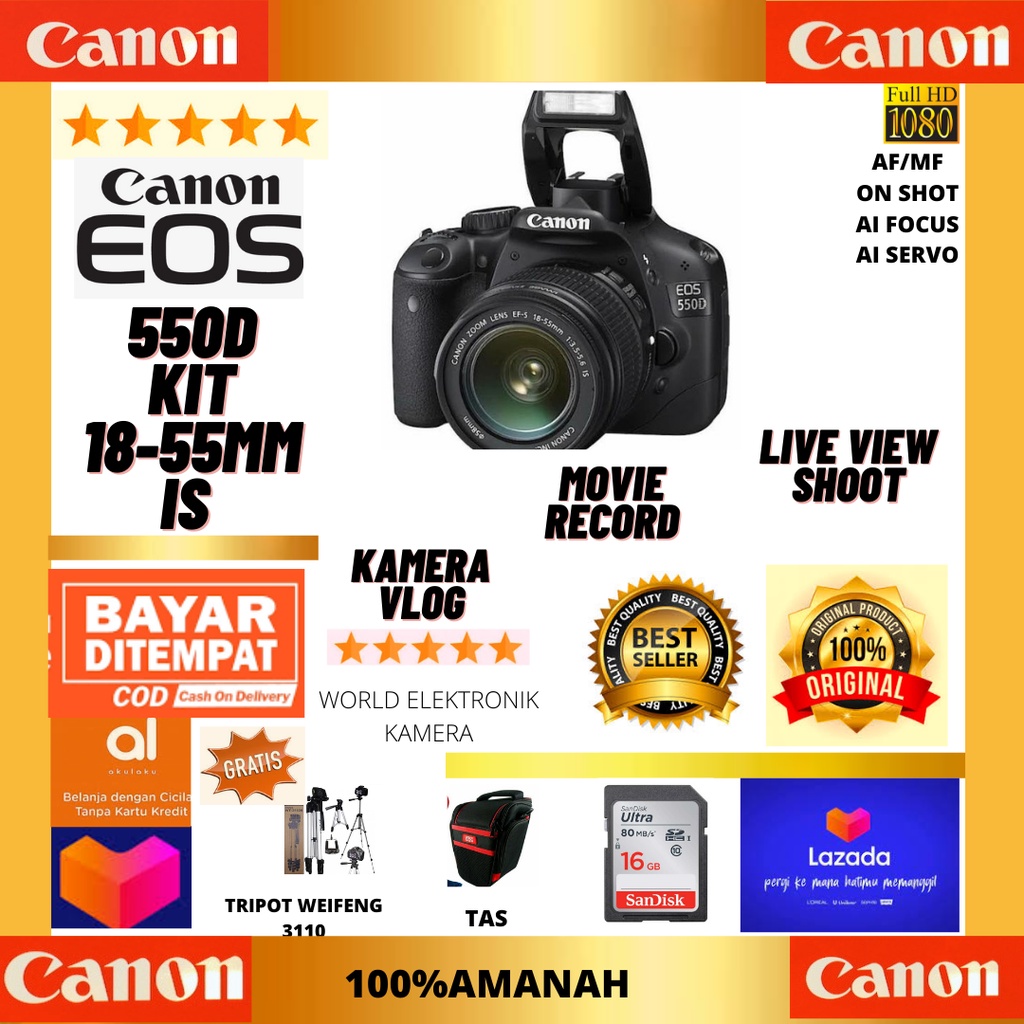 canon 550d kit 18 55mm is ll suport mic external  free accesories kamera 