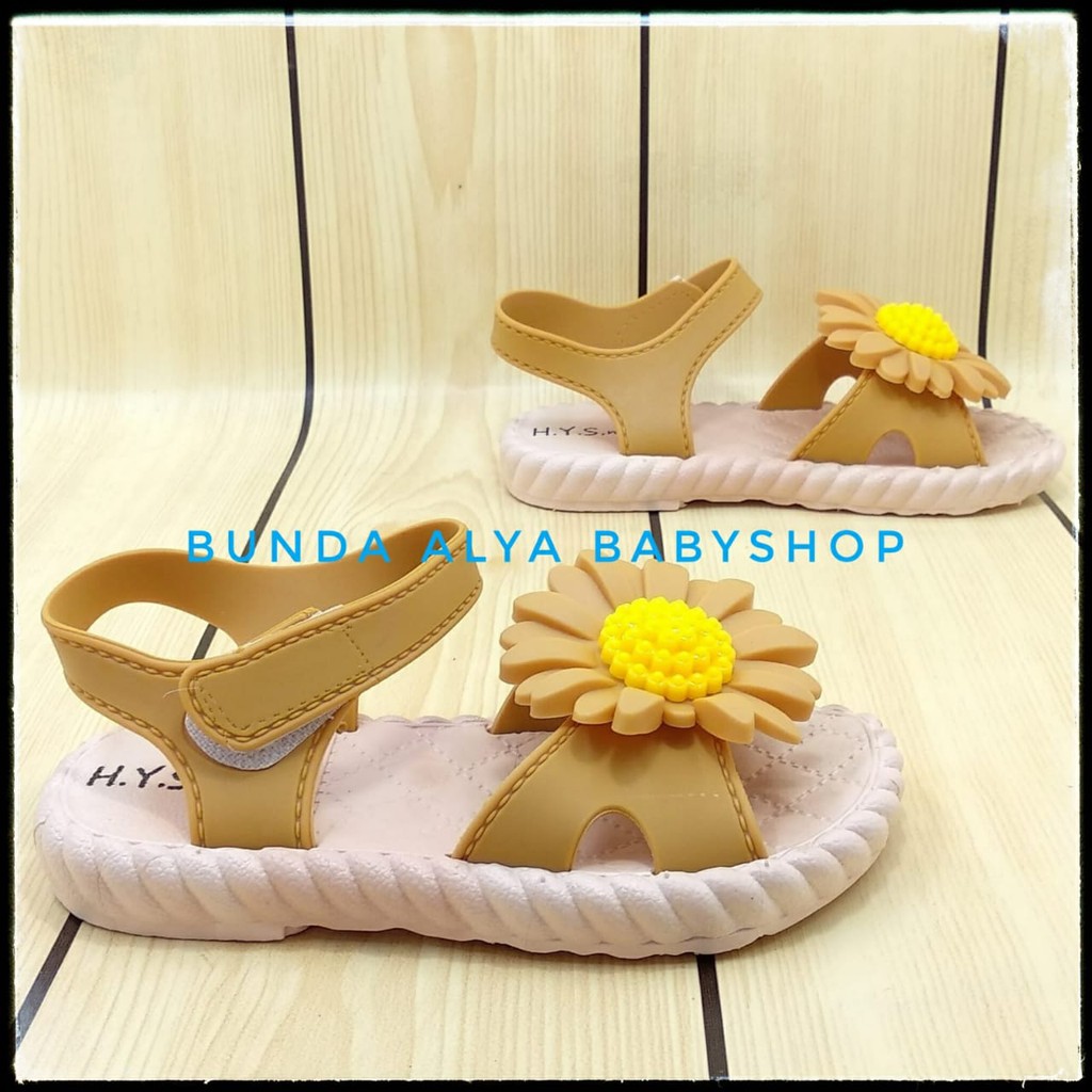 Sendal Anak Perempuan IMPORT Usia 3 4 Tahun COKLAT Elastis - Sepatu Sandal Slop Anak Cewek Lentur Bunga Kuning Alas Karet Anti Licin