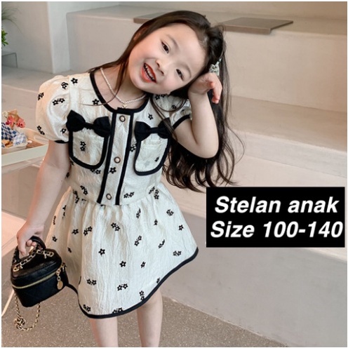 SETELAN ANAK CEWEK PITA POCKED BUNGA + ROK SIZE 100-140 MIKIE