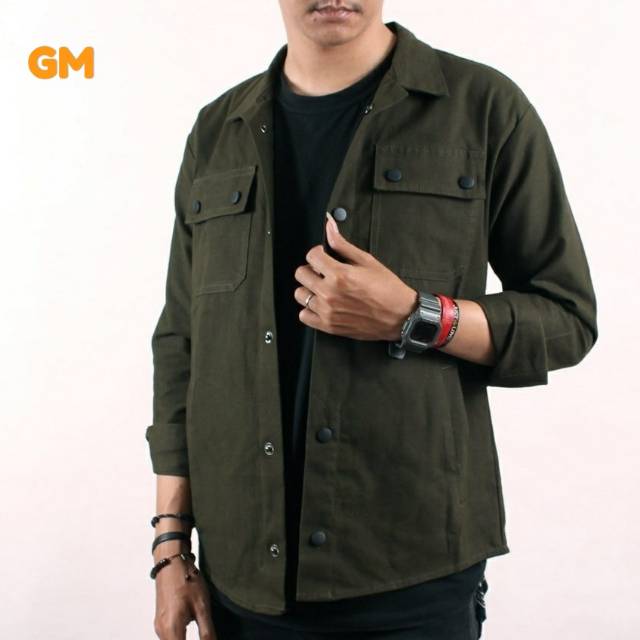 Jaket Semi Parka Pria Kemeja Kanvas Casual Warna Hijau Army