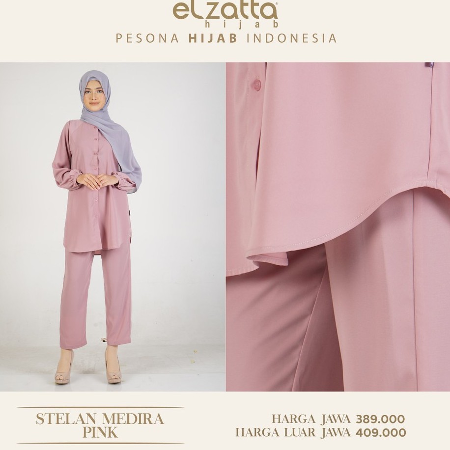 Busana fashion muslim stelan medira elzatta tunik dan celana kulot pink silver grey