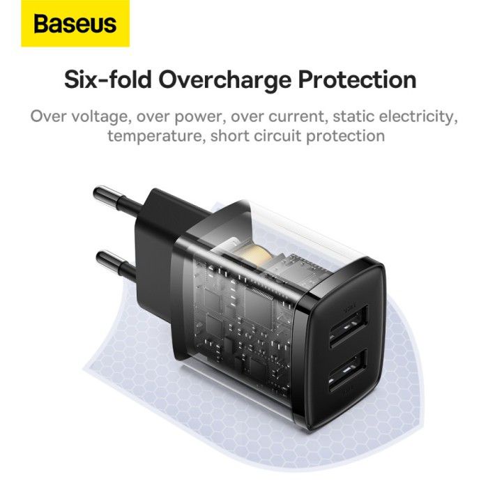 Baseus Compact Adapter Dual USB Port 10.5W - Mini Dual EU Plug Adapter - Recommended for ACC - Garansi Resmi 6 Bulan